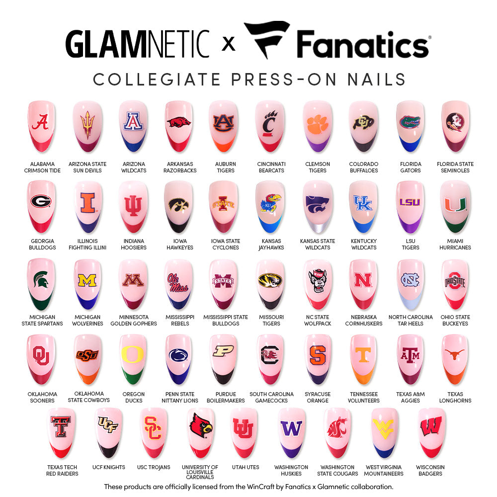 A set of 40 glamnetic Collegiate Press-On Nails, each showcasing a different college sports team logo and colors, arranged in a grid with team names displayed beneath each nail. Text reads: glamnetic Collegiate Press-On Nails.