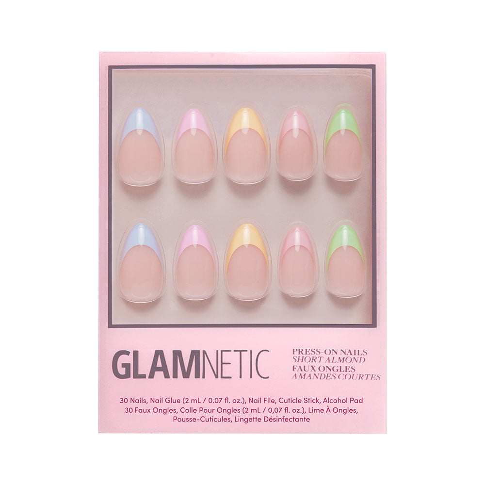 The glamnetic Confetti set features 30 short almond press-on nails in nude with pastel blue, yellow, pink, green, and purple tips, plus all necessary accessories. - Product image