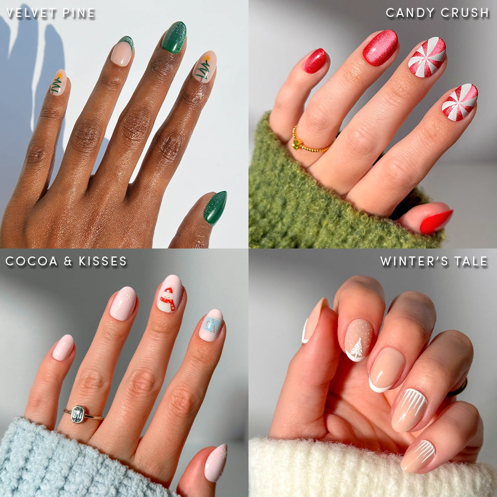 A collage of four hands with festive winter manis using glamnetic’s Cozied Up Ovals: green Velvet Pine with trees, red Candy Crush with peppermint, nude Cocoa & Kisses with mugs and Santa hats, and nude Winter’s Tale with snowy accents.