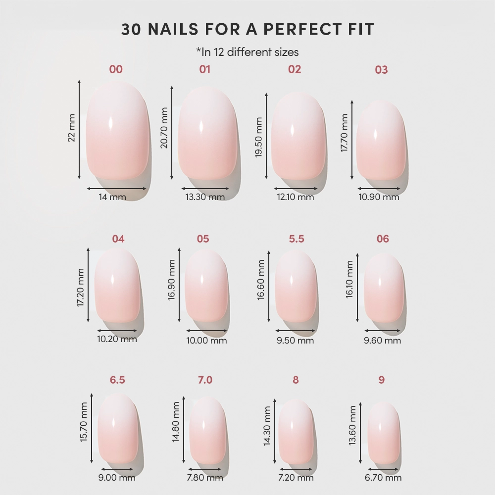 Chart displaying 12 Creamer vegan nail sizes by glamnetic, each labeled with width and length in millimeters. The pink gradient nails range from 22 x 14 mm to 15.7 x 7.9 mm—ideal for your own nude press-on nails look. - Product image