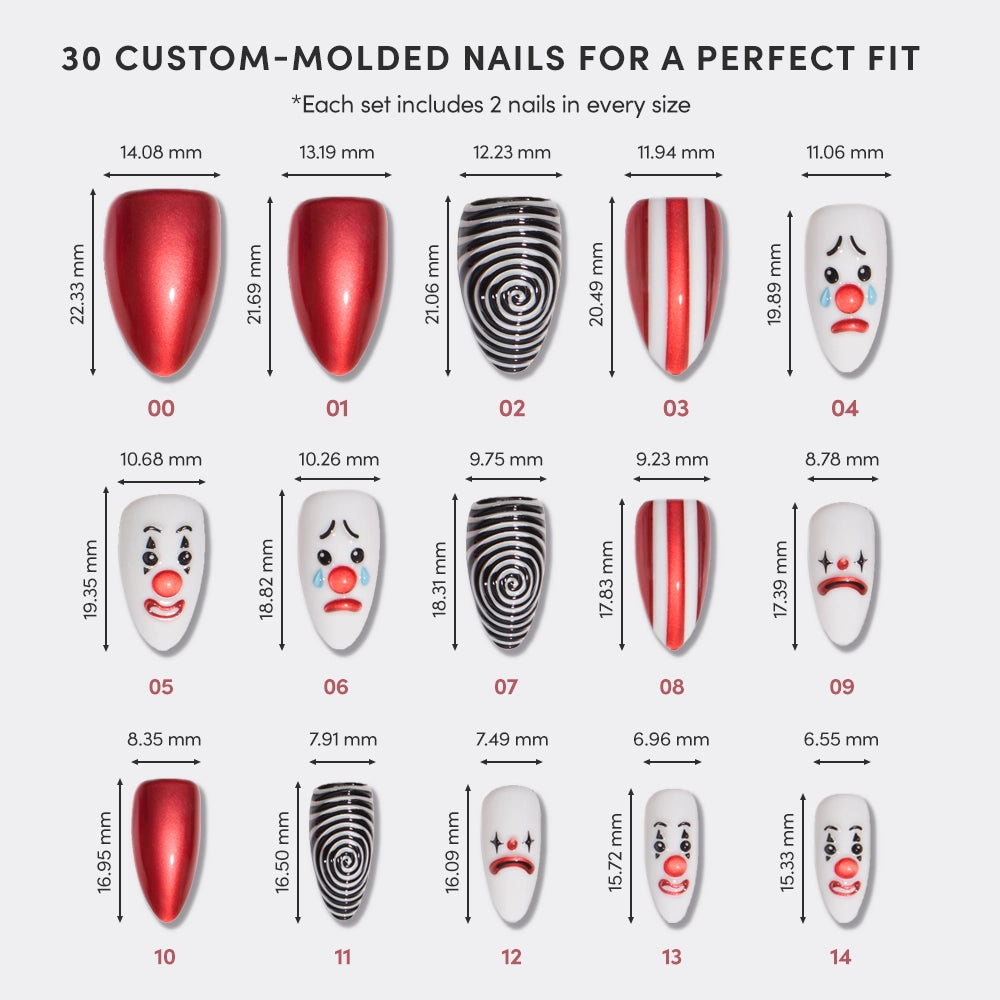 The glamnetic Crybaby Clown set features 15 artificial nails in assorted sizes and designs, including 3D clown art, short almond shapes, and red chrome. Each nails dimensions are shown below, under the title 30 Custom-Molded Nails For a Perfect Fit. - Product image