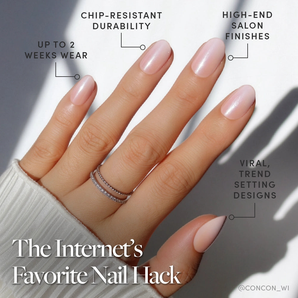 A hand with manicured nails in a nude-to-white ombré wears glamnetic Crystal Glaze Press-On Nails. Text highlights up to 2 weeks' chip-resistant wear, high-end salon finish, and viral designs. - Product image
