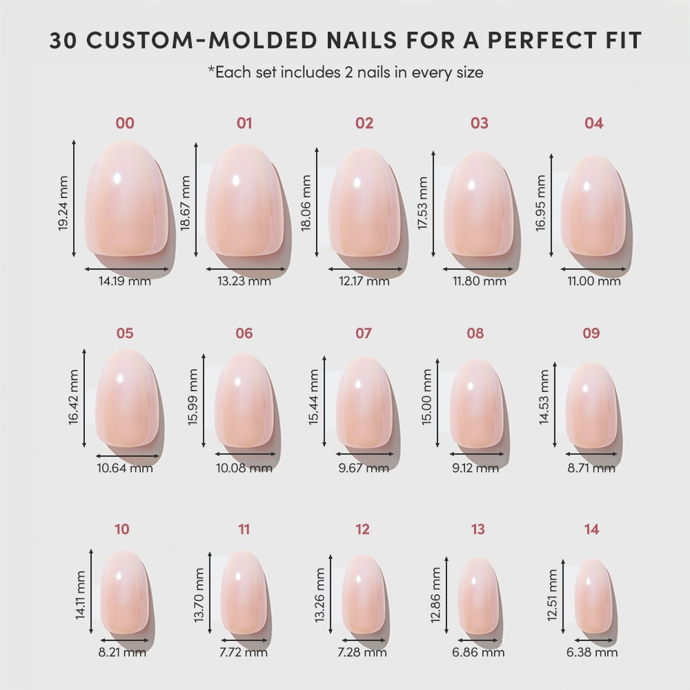 The glamnetic Crystal Glaze set features a chart of 15 custom-molded short oval nails (sizes 00–14), each labeled with width and length in mm, for a tailored fit. Nails sport a natural, nude-to-white ombré finish. - Product image