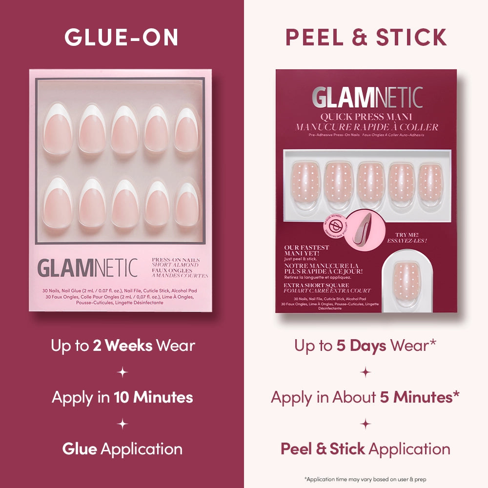 Side-by-side of glamnetic's Dainty Dots: left, Glue-On press-on nails last 2 weeks with 10-min glue application; right, no-glue Peel & Stick mani lasts 5 days and takes just 5 minutes. - Product image