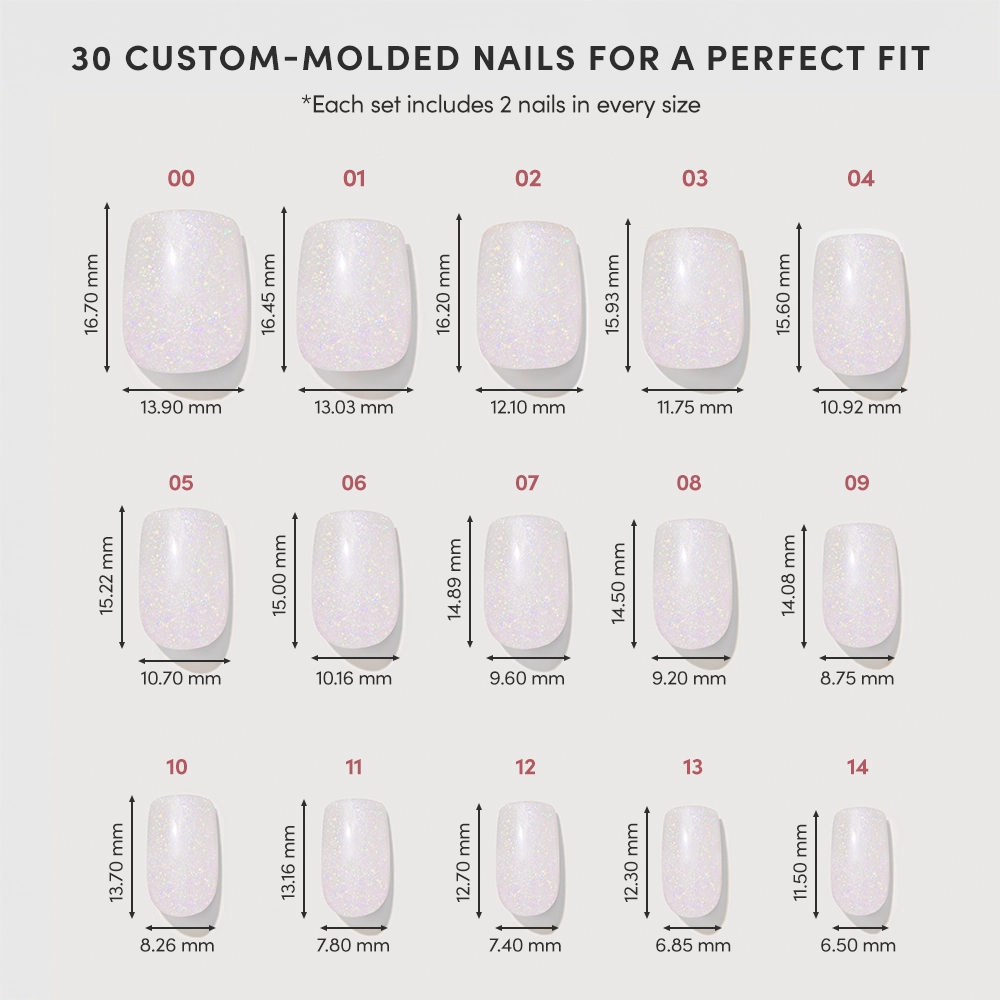 A size chart for glamnetic’s Daydream Veil press-on nails shows 15 different sizes (00–14), each labeled with width and length in millimeters, displaying two nails per size for a 30-piece custom-molded set. - Product image