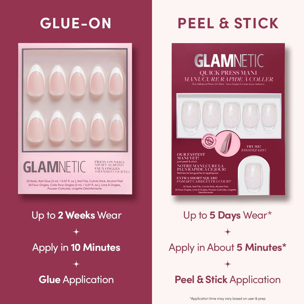 Comparison image of glamnetic Daydream Veil: glue-on nails (left) last up to 2 weeks, applied in 10 mins; no-glue press-ons (right) last up to 5 days, applied in 5 mins. - Product image
