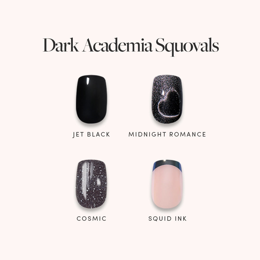 Four elegant short squoval nails from glamnetic’s "Dark Academia Squovals" collection are showcased, featuring: Jet Black (solid black), Midnight Romance (dark glitter with shine), Cosmic (black with fine glitter), and Squid Ink (nude with dark navy tips). These mesmerizing black press-on nails effortlessly embody the moody sophistication of the dark academia style. - Product image