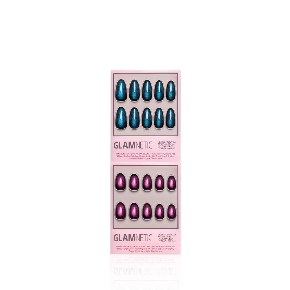 Two sets of glamnetic press-on nails in boxes labeled “Dark Auras.” The top set showcases a chic teal shade with a velvet finish, while the bottom set dazzles in a metallic magenta hue. Both are arranged neatly in rows against a white background. - Product image