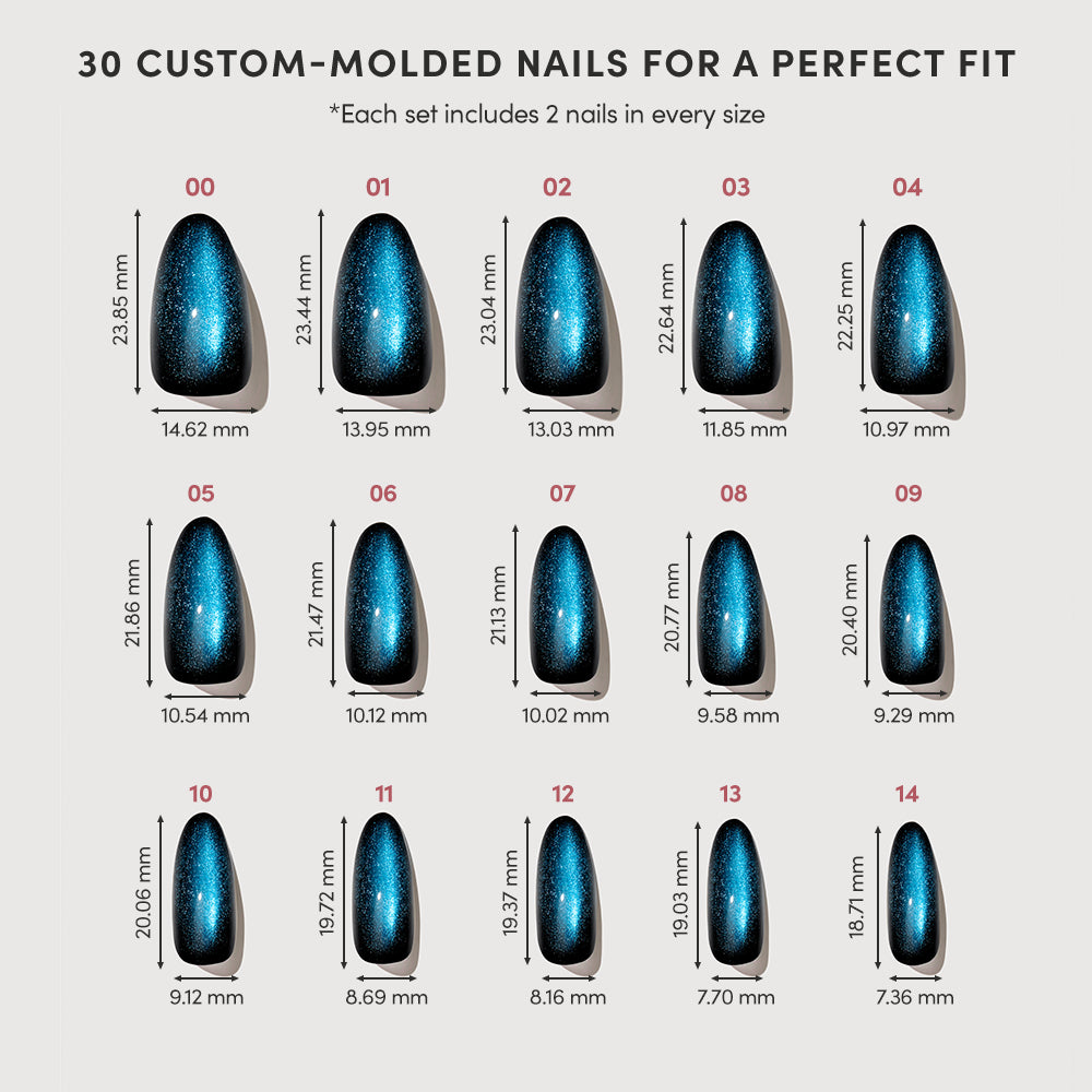 30 long-lasting glamnetic Dark Waters press-on nails are shown, featuring 15 sizes of blue, glittery nails labeled 00-14. Width and length measurements in millimeters are listed below each nail. - Product image