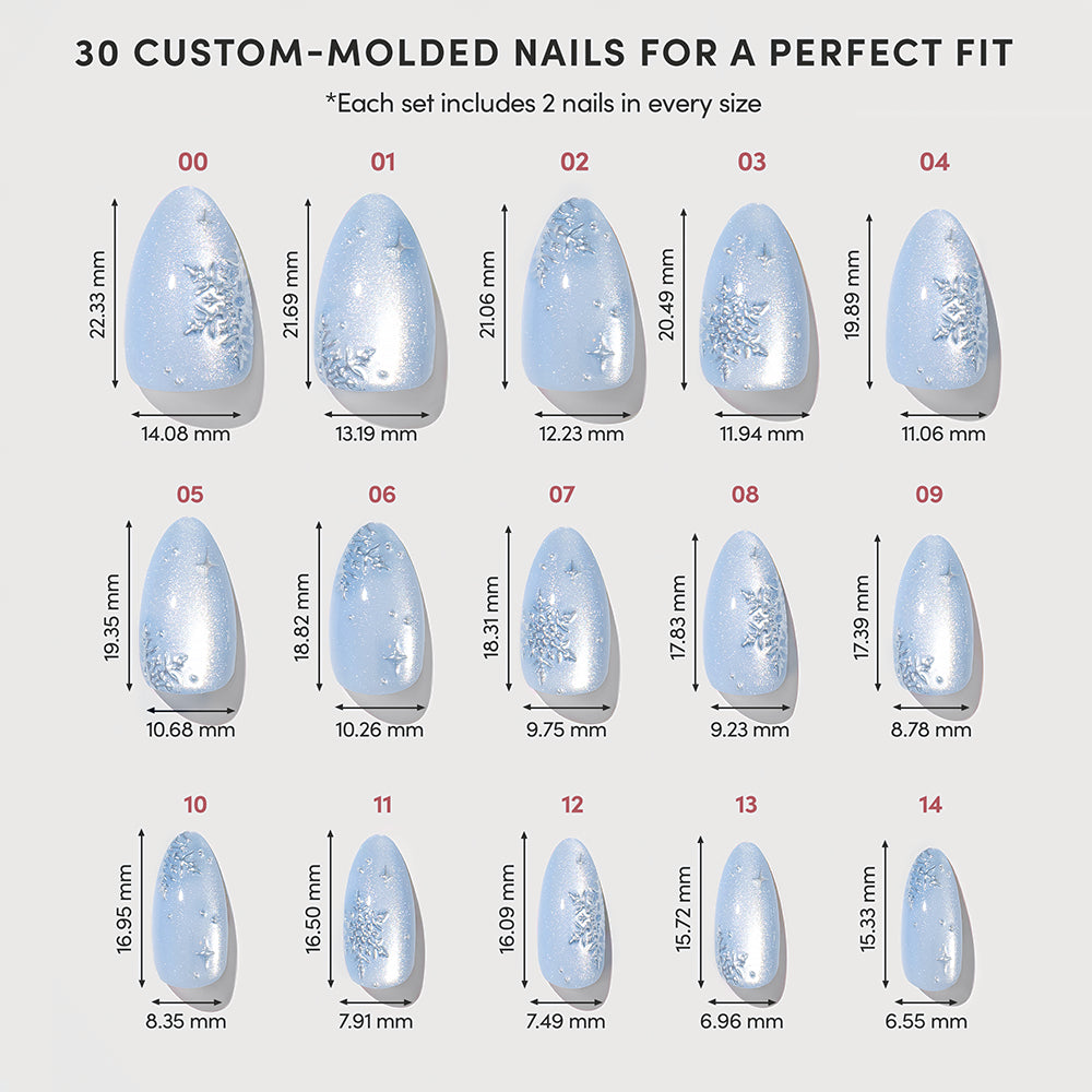 Fifteen sizes of short, velvet-effect December Sky press-on nails by glamnetic, decorated with white snowflake accents and displayed in a grid with corresponding measurements. - Product image