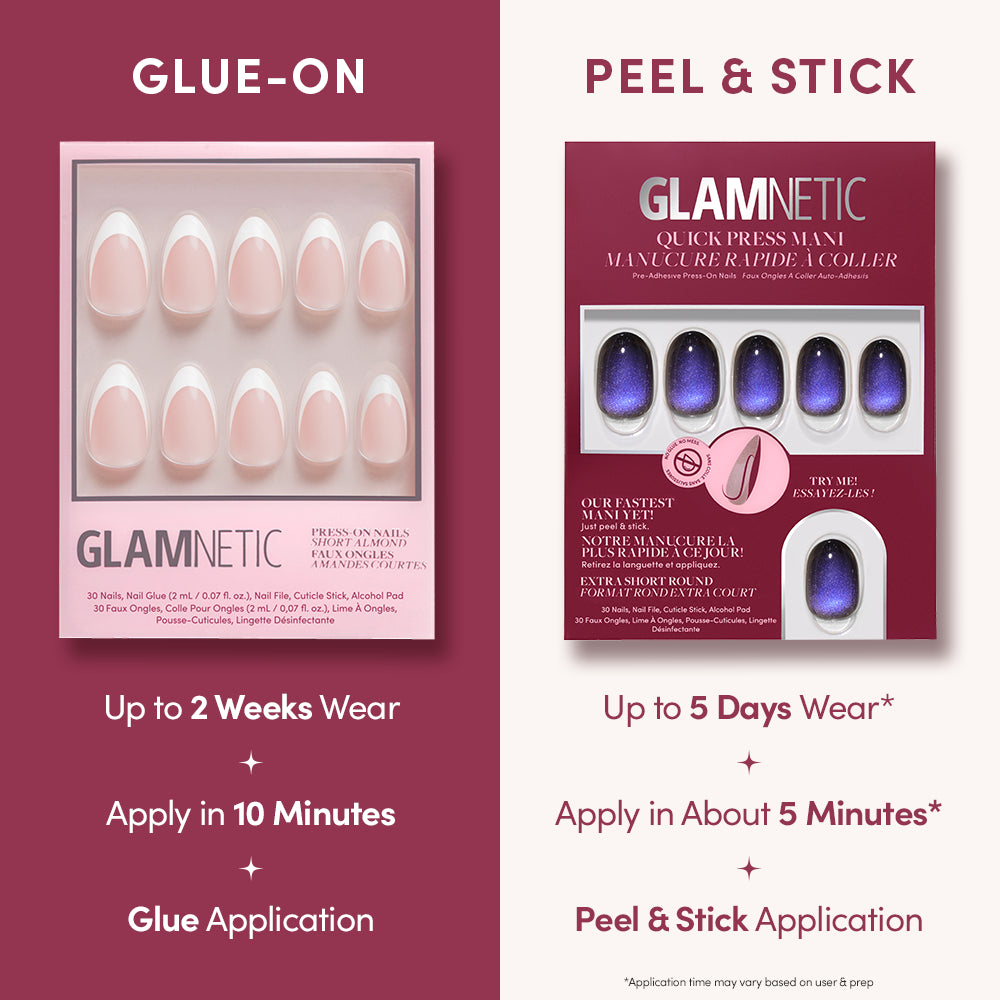 Comparison of glamnetic Deep Winter Glue-On vs. Peel & Stick nails. The Glue-On: pink, cruelty-free Deep Winter nails from glamnetic, lasts up to 2 weeks with a quick 10-minute glue application. The Peel & Stick: purple extra short Deep Winter press-on nails by glamnetic feature a velvet effect, last up to 5 days with an easy 5-minute sticker application. - Product image