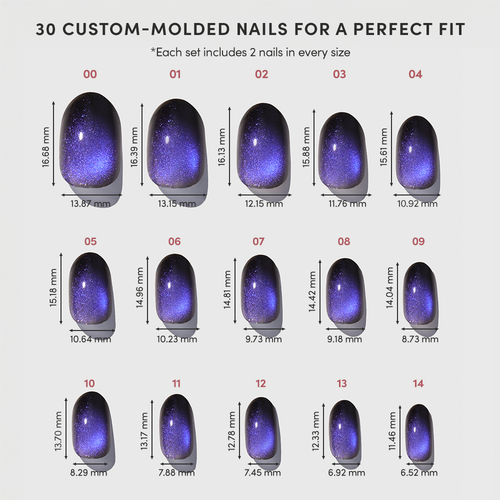 A chart displaying 15 sizes of “Deep Winter” press-on nails by glamnetic, featuring purple, glittery, extra-short designs with height and width measurements in millimeters. Each size contains two cruelty-free, custom-molded nails for a total of 30 nails per set. - Product image