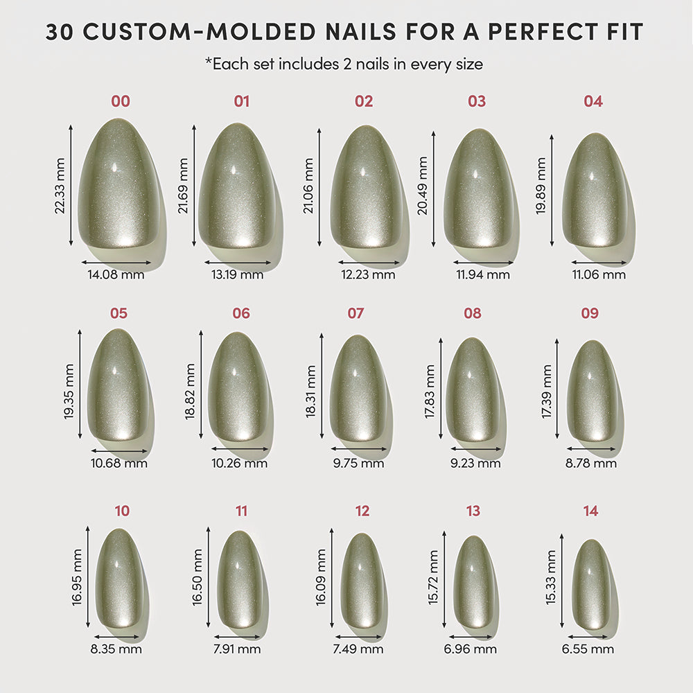 Glamnetic Dirty Martini short almond press-on nails in a velvet finish, arranged by size from 00 to 14 with height and width measurements in millimeters. - Product image