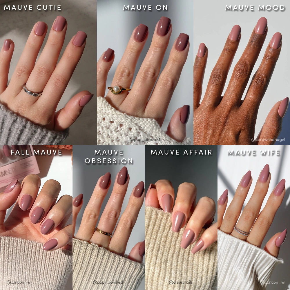 Eight images of hands show off glamnetic’s Dreaming In Mauve Bundle, each highlighting unique polish names and subtle shifts in mauve shades—perfect inspiration for your next press-on nails set. - Product image