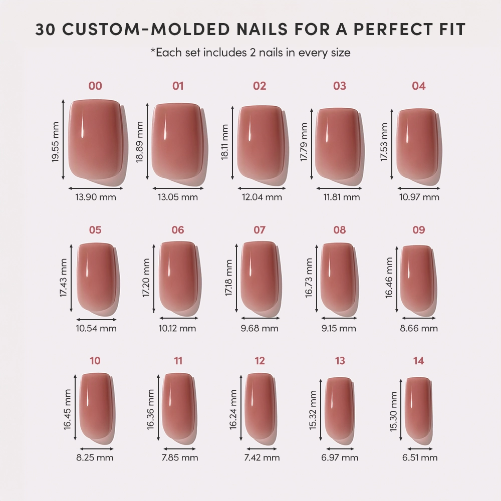 A chart shows 14 custom-molded Dusty Pink nails by glamnetic, each with width and height in mm. The medium square set includes 2 per size, totaling 30 glossy nails for a perfect fit. - Product image