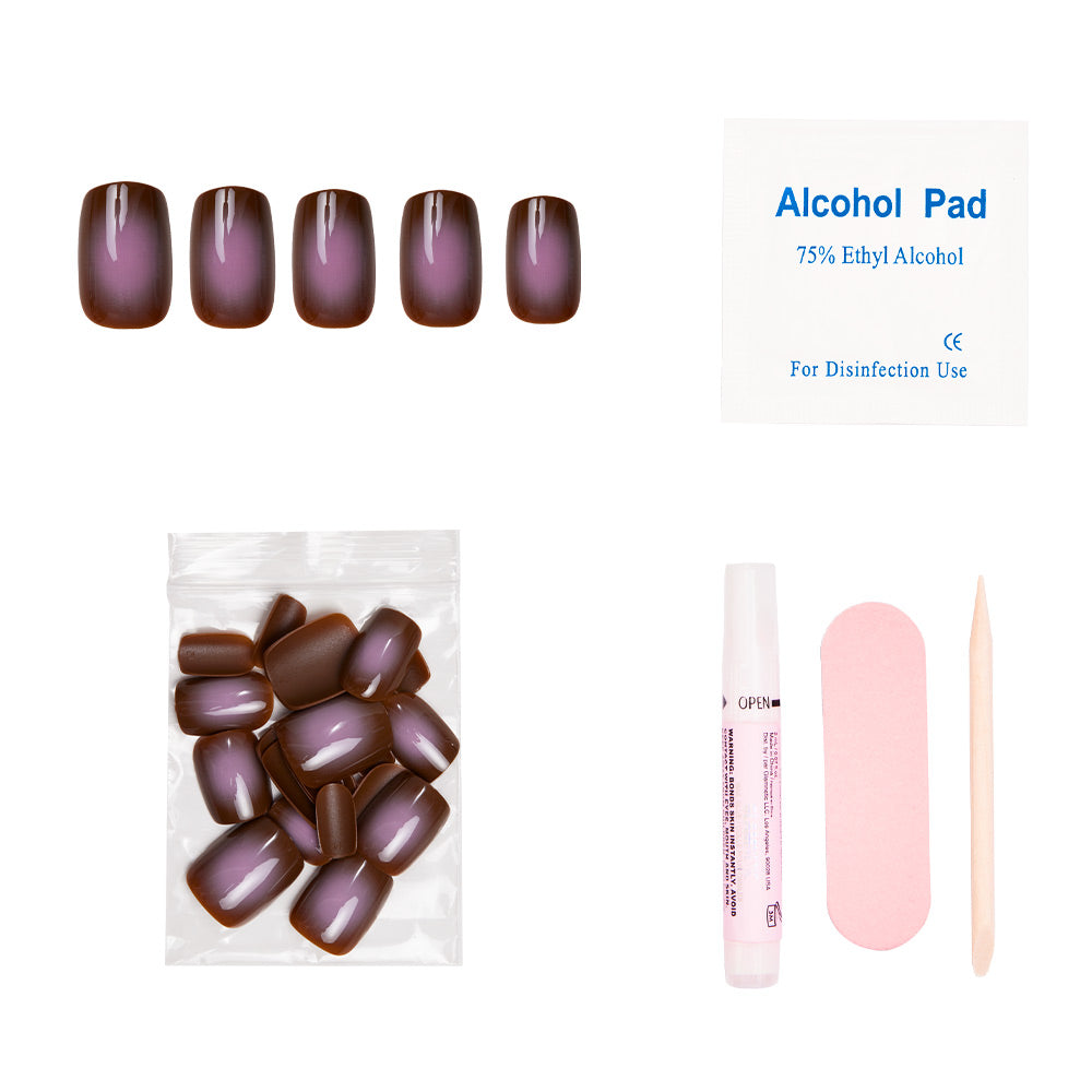 The glamnetic Eclipse Nail Set showcases a brown and purple ombre in an earthy taupe hue, and includes an alcohol pad, nail glue tube, pink nail file, wooden cuticle stick, and extra nails. - Product image