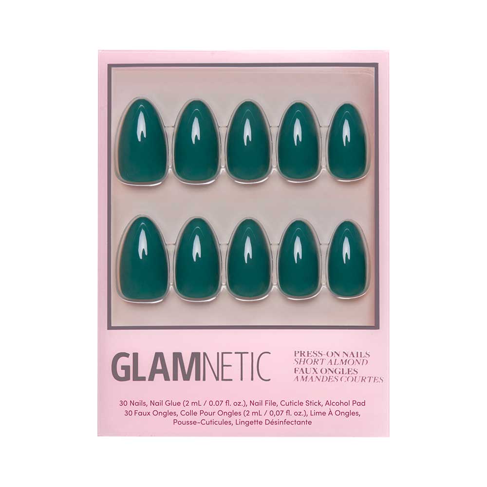 A box of glamnetic Emerald Green press-on nails in a glossy short almond shape, arranged in two rows with a pink border and product details on the packaging. - Product image