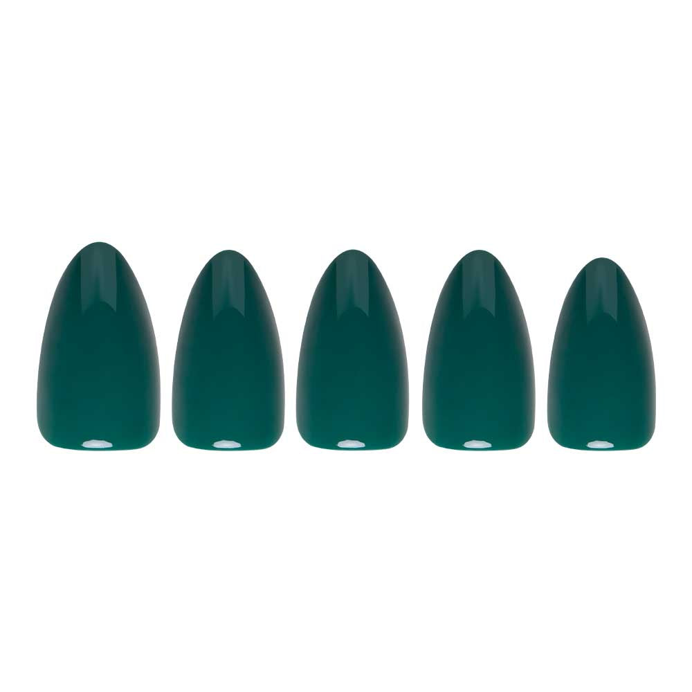 Five glamnetic Emerald Green artificial fingernails with a glossy finish are arranged in a row on a white background. - Product image