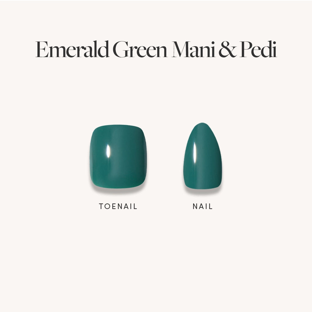 The glamnetic Emerald Green Mani & Pedi set features almond-shaped press-on fingernails and square-shaped toenails in jewel-toned green, all with a high-gloss finish and displayed on a light background. - Product image