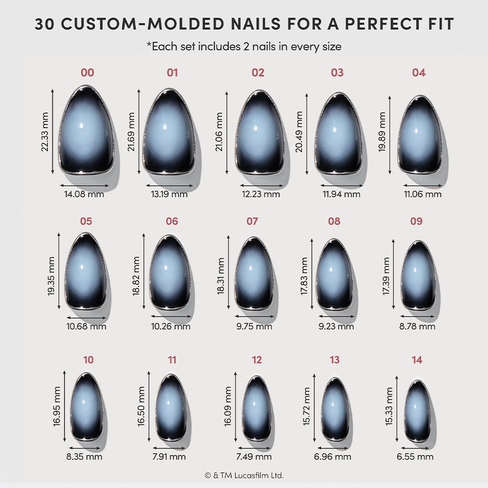 Chart showing 30 Emperor by glamnetic custom-molded, cruelty-free nails in 15 sizes—each labeled with a number and detailed dimensions for length and width—designed for a perfect fit. - Product image