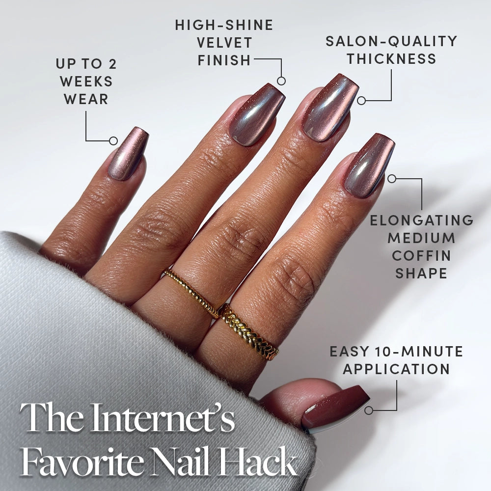 A hand displays glamnetic’s Espresso Glow medium coffin nails in shiny metallic mauve. Features: up to 2 weeks wear, chip-resistant durability, salon-quality finishes, and trend-setting designs. Caption: “The Internet’s Favorite Nail Hack.”. - Product image