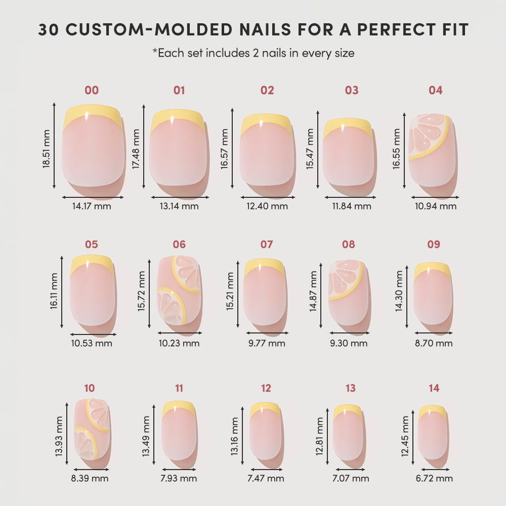 Diagram of glamnetic's Limonata press-on nails displays 15 short squoval sizes with length and width in mm. Each shows a pink base, yellow French tip, and partial sizing lines. Text explains the custom fit for your nails. - Product image