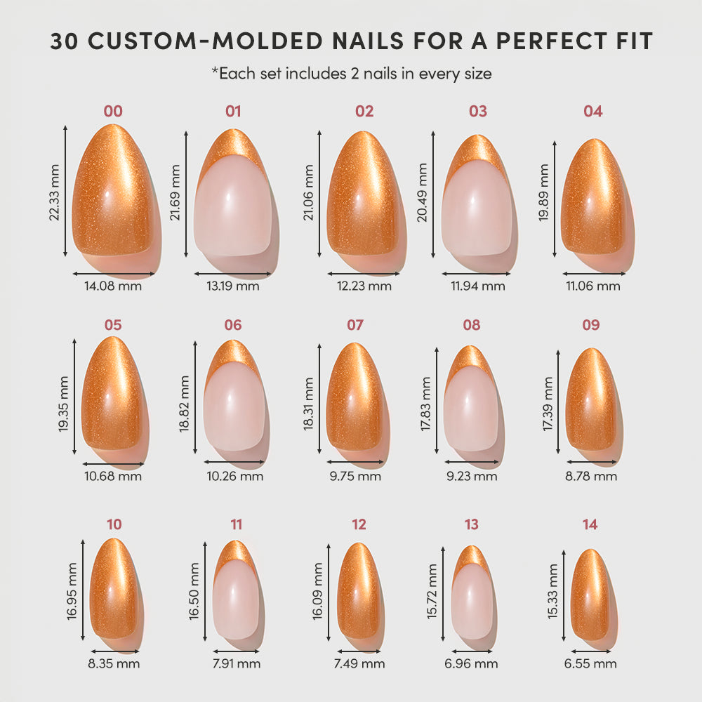 A chart displays 15 sizes of glamnetic's Orange Pop salon-quality, custom-molded gold press-on nails, each labeled in millimeters. The set includes two short almond press-ons per size for a perfect fit. - Product image