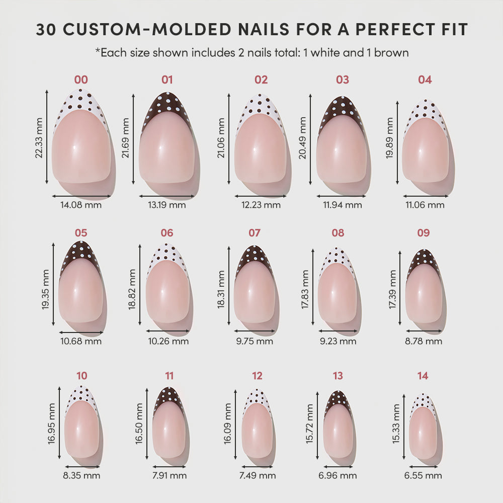 Image of glamnetic's Polka In Positano: 15 custom-molded, cruelty-free press-on nails in different sizes, each labeled with a number and millimeter dimensions, arranged in rows to show varied widths and lengths for the perfect fit. - Product image