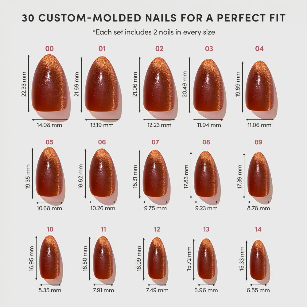 A chart displays 15 sizes of glamnetic Sicilian Sun custom-molded, almond-shaped brown velvet finish nails, each with length and width in millimeters. Every set includes two short almond press-ons per size, totaling 30 nails. - Product image