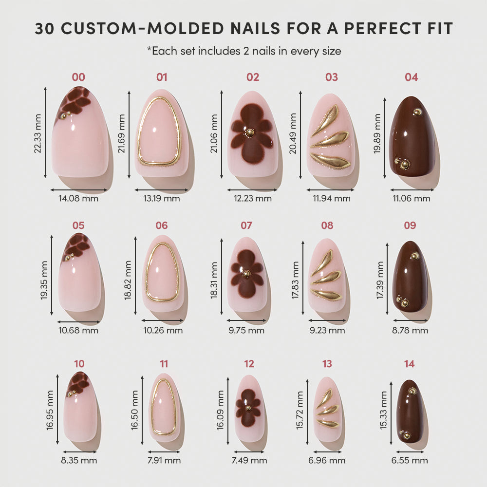 A chart shows 14 “Sunbaked” pink and brown glamnetic custom-molded press-on nails with gold accents, each labeled by number and millimeter size. Text reads: 30 Sunbaked Custom-Molded Nails by glamnetic for a Perfect Fit. - Product image