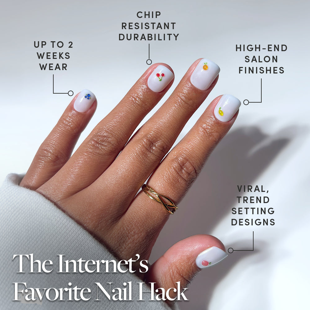 A hand with neatly manicured short Sweet Picks press-on nails by glamnetic, painted white and decorated with colorful flower designs. Features: up to 2 weeks wear, chip-resistant durability, high-end finishes, trend-setting style. - Product image