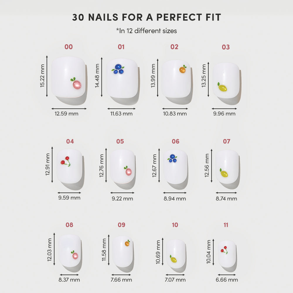 Sweet Picks by glamnetic features 12 super short press-on nails in various sizes, each with vibrant 3D flower nail art. The nails are arranged in rows and columns, labeled by number and size in millimeters. - Product image