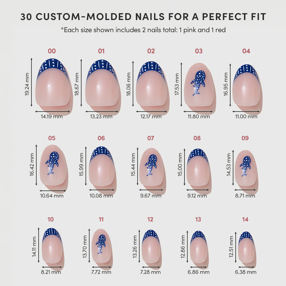 Whale Waves by glamnetic is a set of 15 custom-molded press-on nails (sizes 00–14 in millimeters). These short oval nails feature blue and pink designs with dark blue French tips near the ends. - Product image