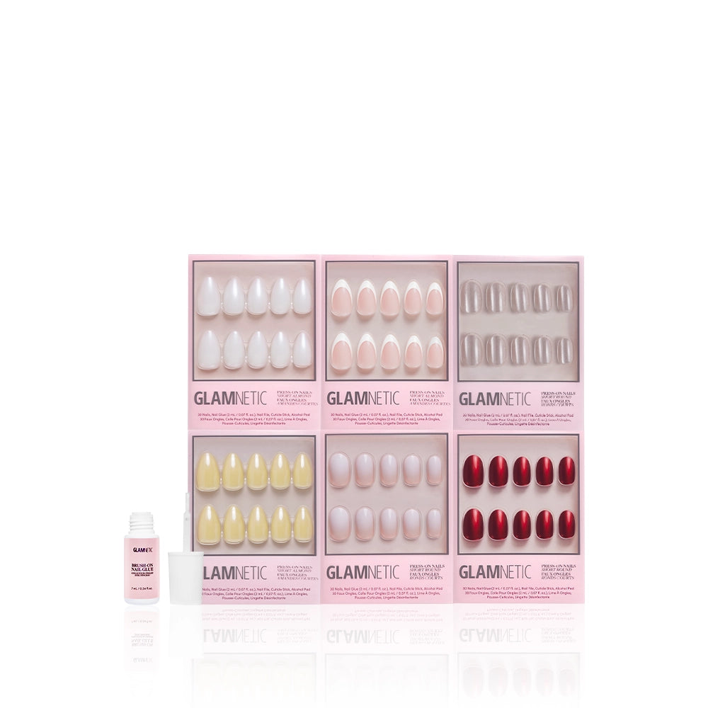 Glamnetic nail product set with various nail shapes and a brush-on nail glue bottle on a white background - Product image