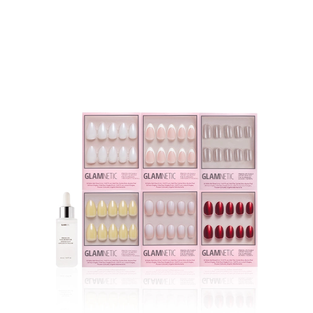 Glamnetic nail product set with a press-on nail remover bottle on a white background - Product image