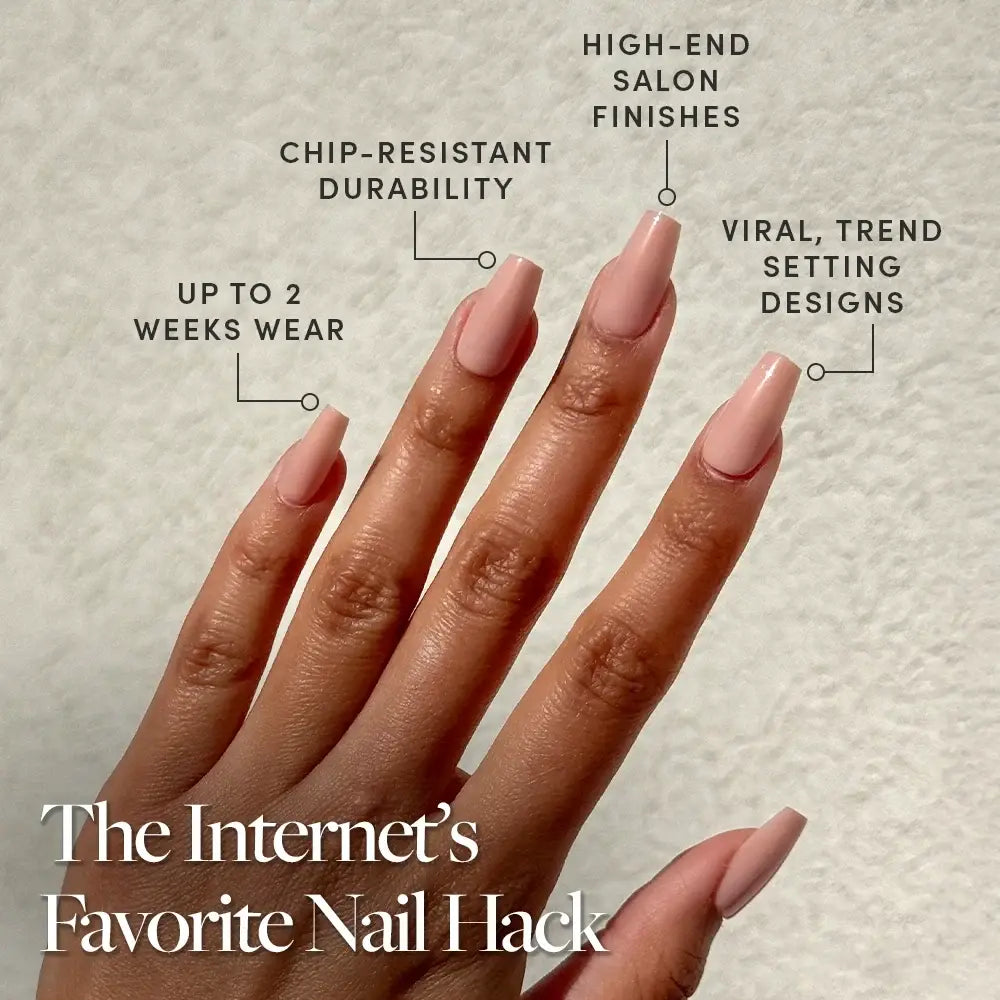 A hand displays medium coffin-shaped manicured nails in Exposed—a long, pinky nude press-on by glamnetic—alongside text highlighting up to 2 weeks of wear, chip-resistant durability, high-end salon finishes, and viral trend-setting designs. Text reads: The Internet’s Favorite Nail Hack. - Product image