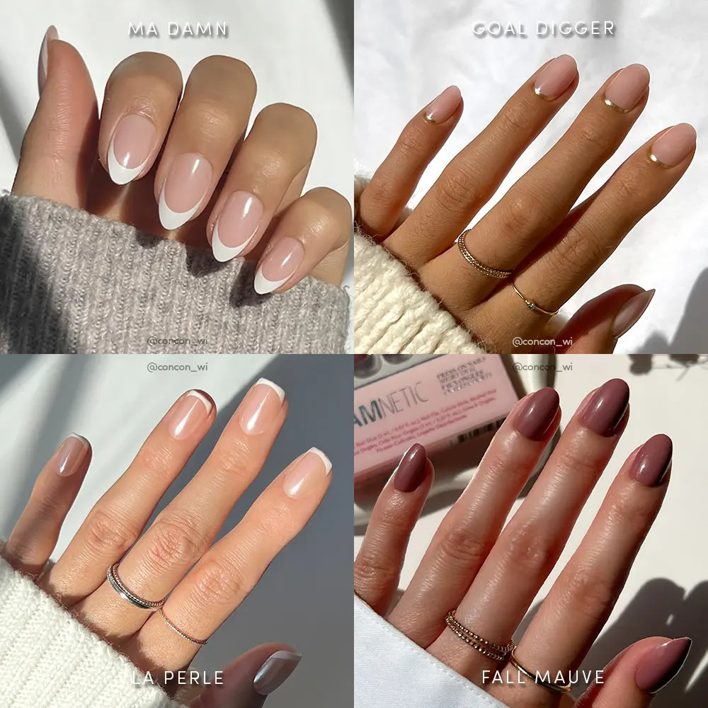 Four close-up photos feature glamnetic’s Fall Classics nail set: white French tips, nude with gold studs, nude with white tips, and matte mauve press-ons. Each manicured hand is accessorized with delicate rings for an elegant look. - Product image