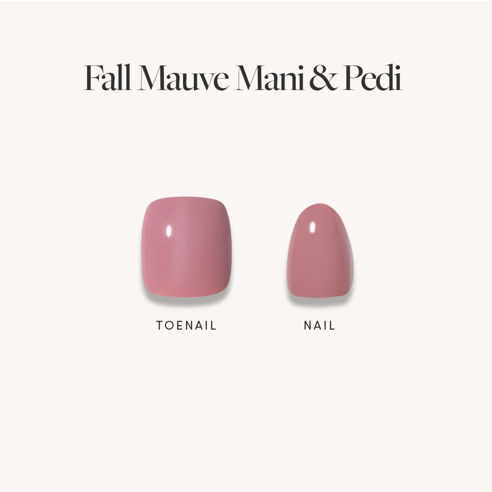 Two artificial nails from glamnetic—one larger for the toe and one smaller for the hand—painted mauve pink. Text above reads "Muted Blush Mauve Mani & Pedi Bundles" on a light background. - Product image