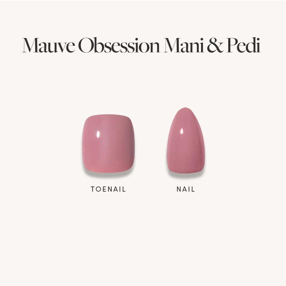 Two press-on nails—a square toenail and an oval fingernail—are displayed in glossy mauve. Text reads “Muted Blush Mauve Mani & Pedi Bundles” by glamnetic, the chic mani-pedi set for stylish mauve nails. - Product image