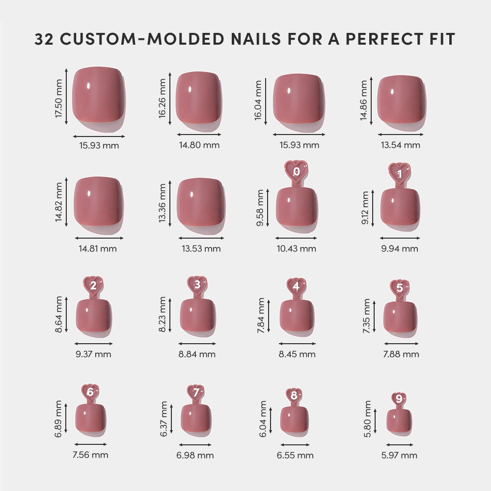 The glamnetic Fall Mauve Toenail set includes 16 custom-molded vegan press-on nails, each labeled with numbers and measurements in millimeters for width and height, shown in four rows on a white background. - Product image