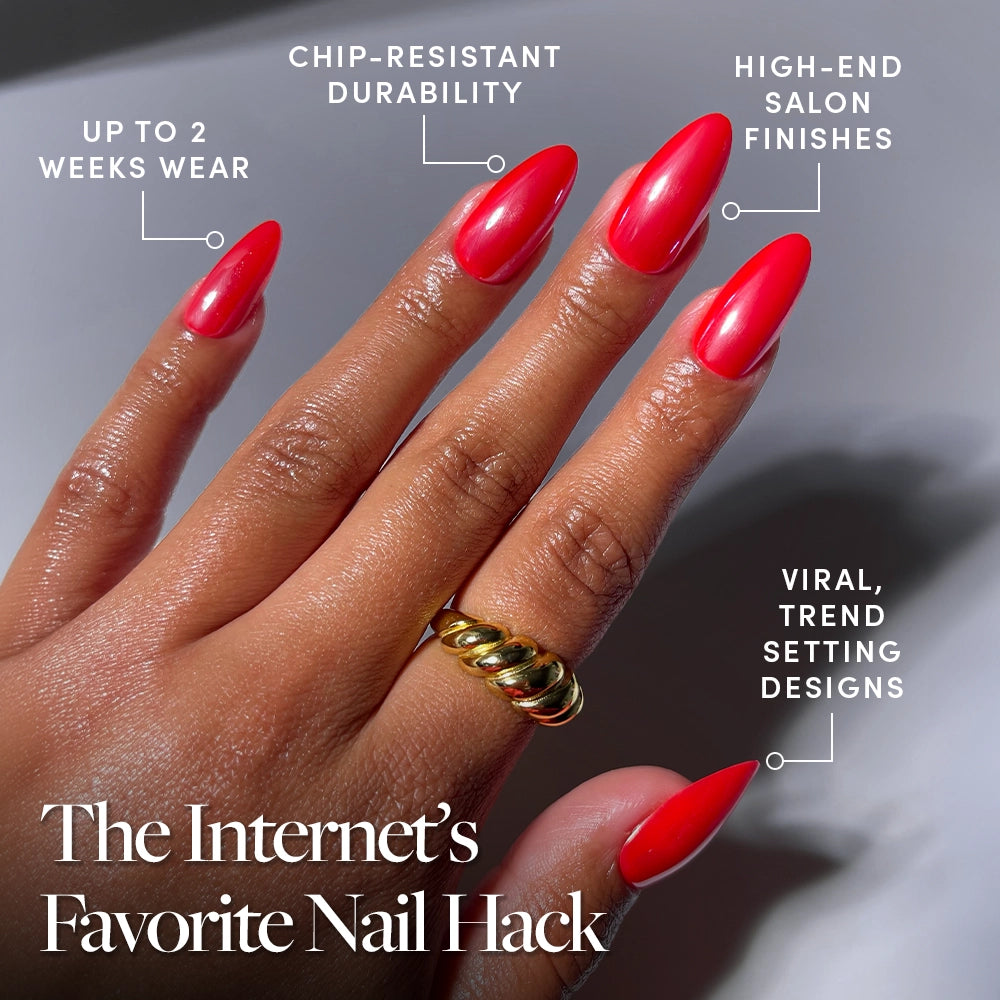 A hand with long, glossy red glamnetic Fearless Red almond nails is shown. Text highlights up to 2 weeks wear, chip-resistant durability, salon-quality finish, and viral trending designs. At the bottom: The Internet’s Favorite Nail Hack. - Product image