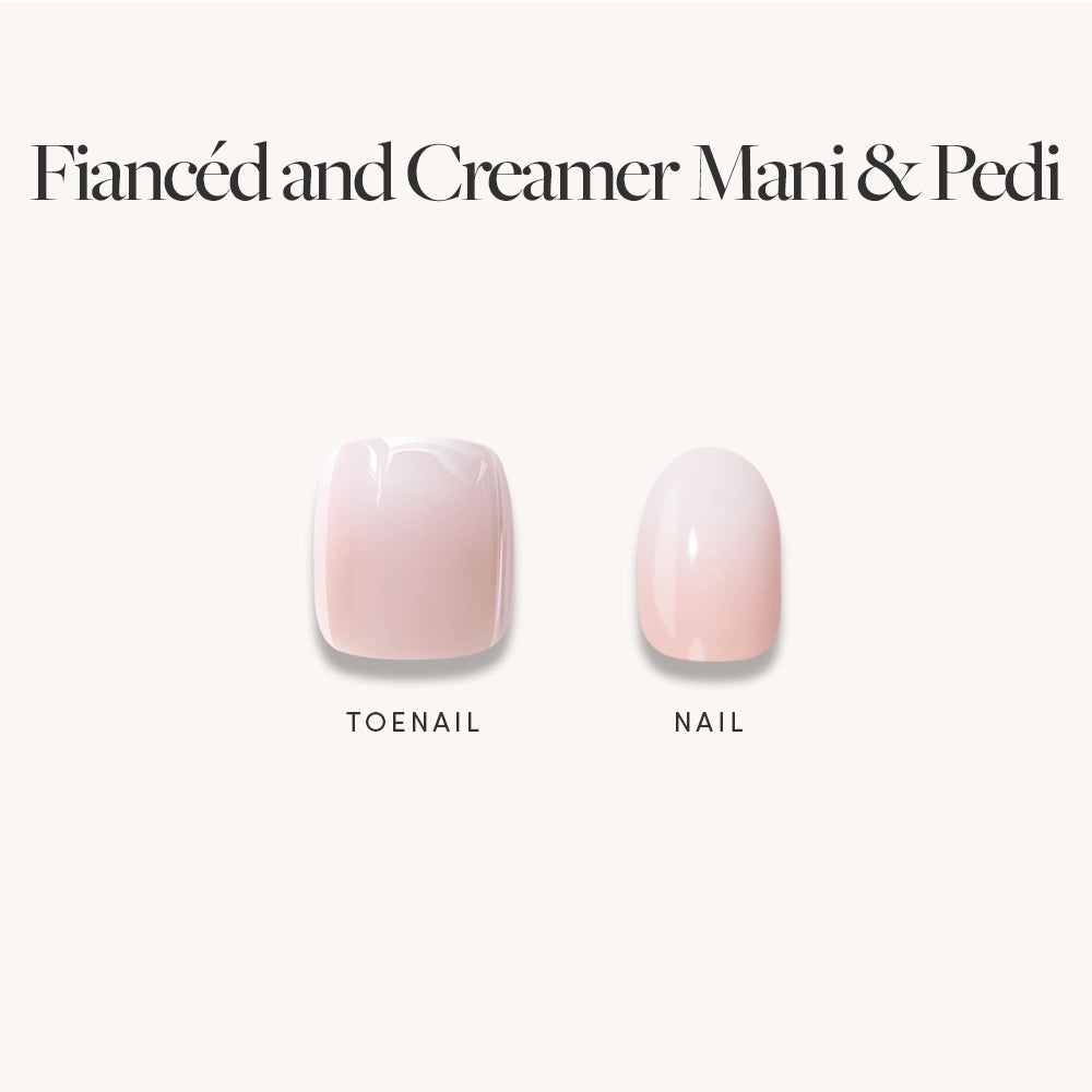 Two artificial nails from glamnetic's Fiancéd & Creamer Mani Pedi set are displayed on a light background, labeled TOENAIL and NAIL in soft pink with a glossy finish, highlighting their elegant short round shape. - Product image