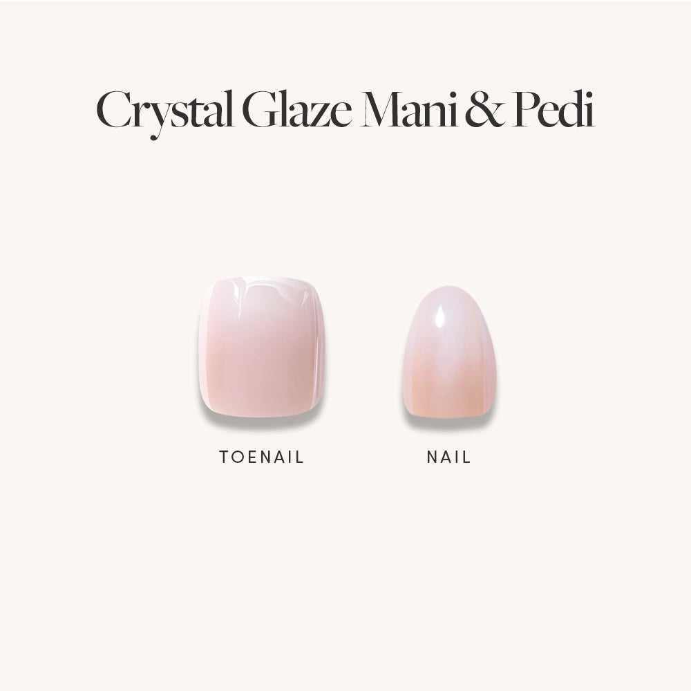 Two press-on nails from glamnetic's Glazed Ombré Mani & Pedi Bundles are shown on a light background: the left is a glossy pink square toenail, the right an oval pale pink fingernail with a glazed ombré effect. Text: Crystal Glaze Mani Pedi. - Product image