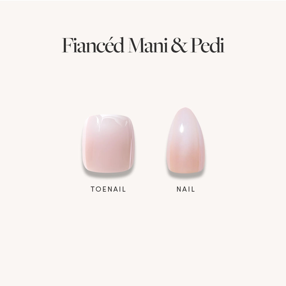 Two press-on nails from glamnetic's Glazed Ombré Mani & Pedi Bundles rest on a light background, with the product name above. The left square toenail and right oval fingernail both have a pale pink nude-to-white ombré finish. - Product image