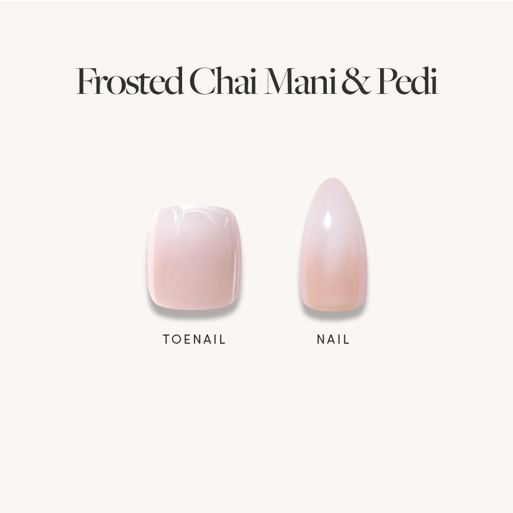 Two press-on nails with a glazed ombré pale pink finish are shown on a white background. The left is a square-shaped toenail labeled “TOENAIL,” the right is a pointed fingernail labeled “NAIL.” Text above reads “glamnetic Glazed Ombré Mani & Pedi Bundles.”. - Product image