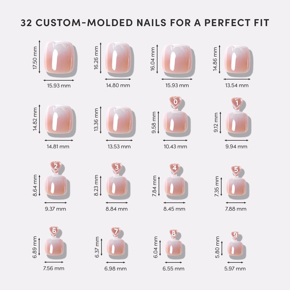 Illustration of 32 custom-molded nails with measurements on a white background - Product image