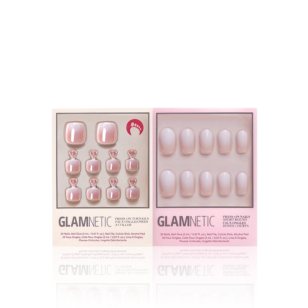 Two boxes of glamnetic Fiancéd & Creamer Mani Pedi press-on nails are displayed: the left set has glossy square pink nails with matching heart nail charms, while the right set features a glossy finish in a short round shape. - Product image