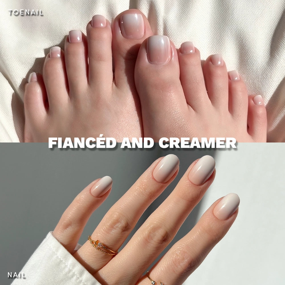 A close-up of glossy nude-to-white ombré toenails labeled Pedi above, and short round glossy fingernails labeled Mani below. In the center, text reads “Fiancéd & Creamer Mani Pedi by glamnetic.”. - Product image