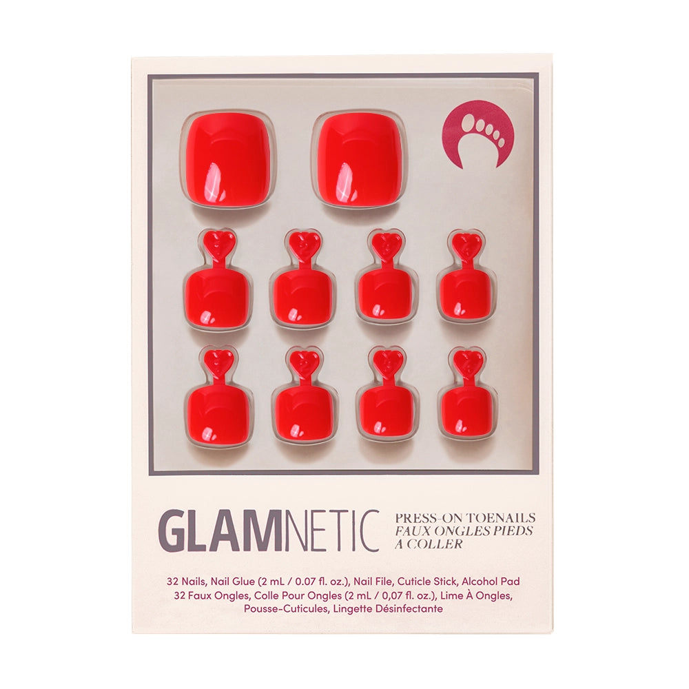 A box of Glamnetic press-on toenails in a bold, glossy red shade. - Product image