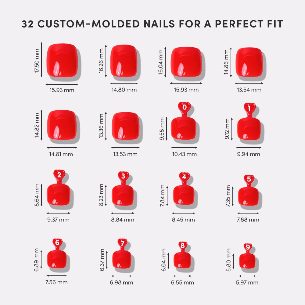 Illustration of 32 custom-molded nails with measurements on a white background - Product image